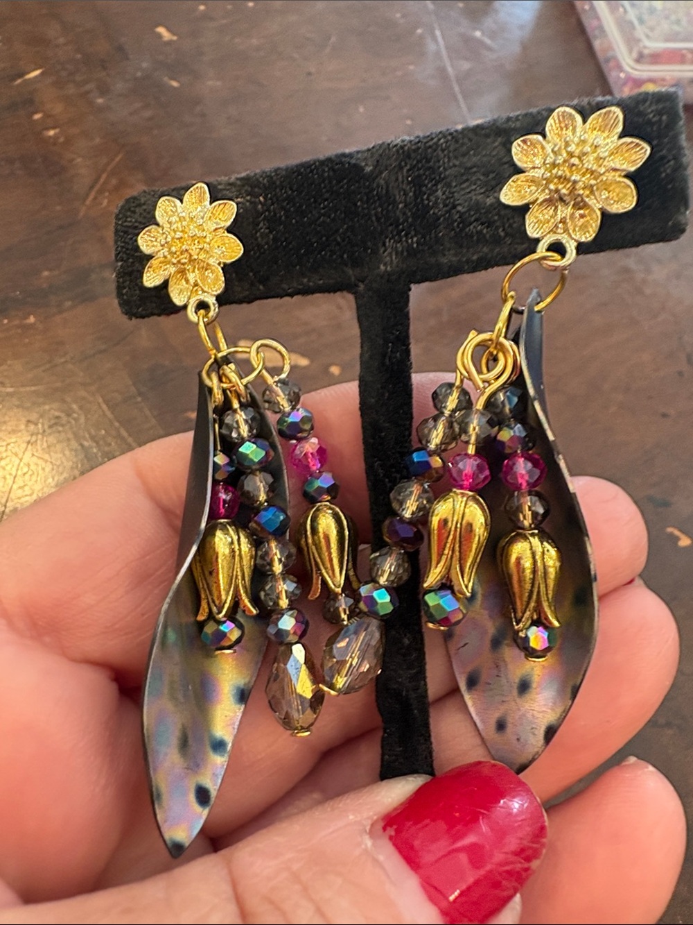 Gold Floral Iridescent Bead Drop Earrings-NWT
